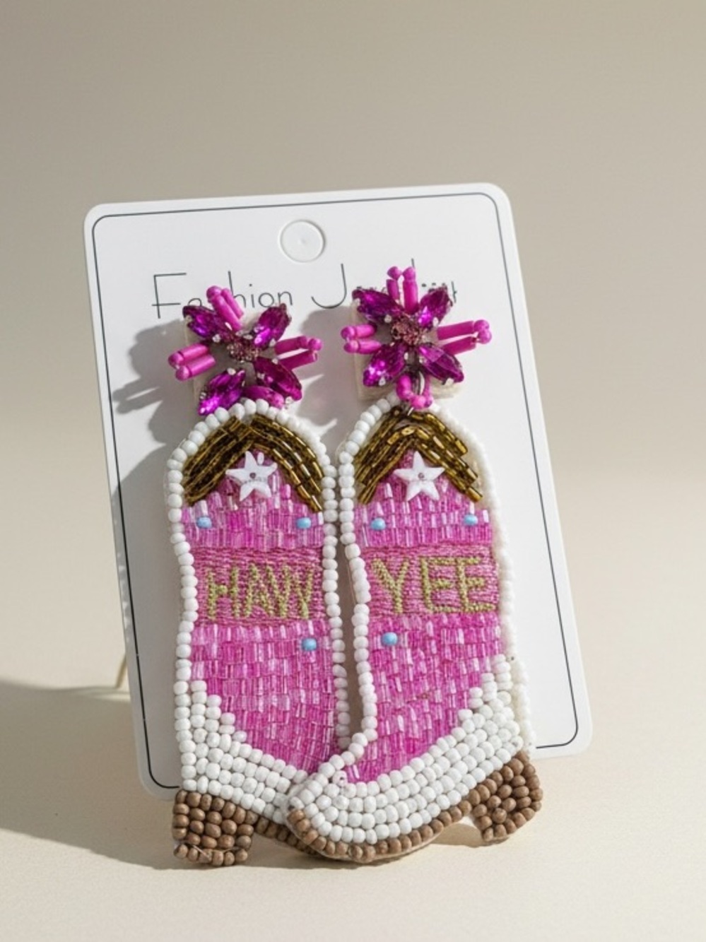 Pink “Yee Haw” Beaded Cowboy Boot Earrings | Western Statement | Handmade Style